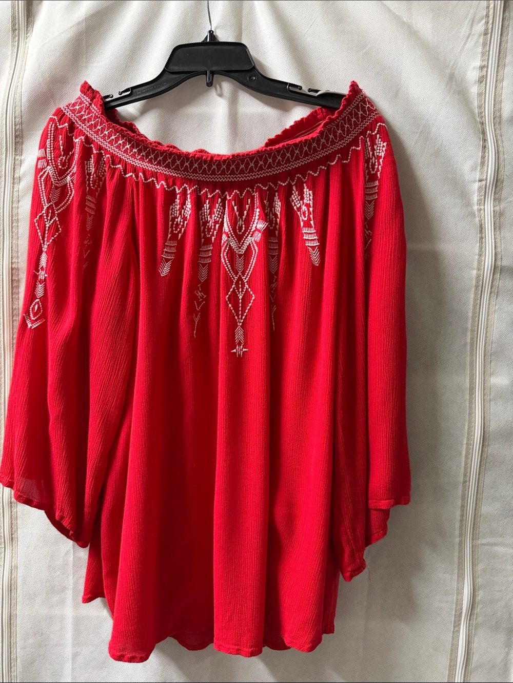 Red Off-Shoulder Embroidered Women's Tunic Top